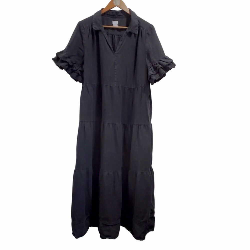 Chicos Dress 100% Linen Tiered Maxi Dress Size 2 Large Black Boho Lagenlook